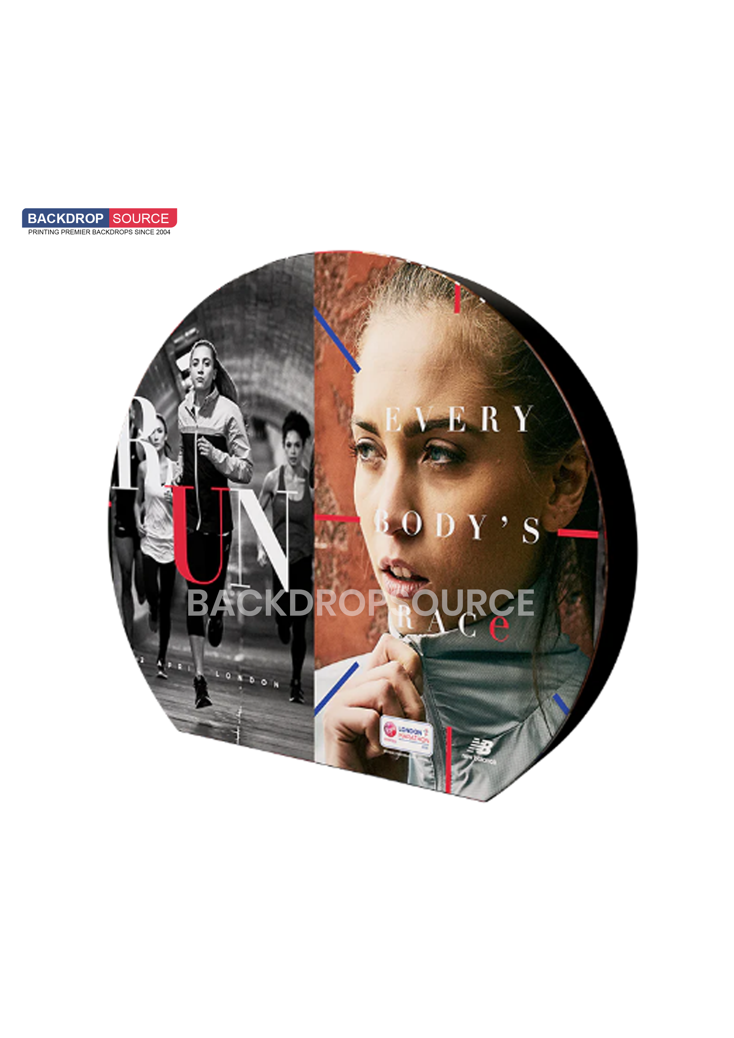 3D MOON Tension Fabric Media Wall display for events, featuring innovative 3D structure and durable, vibrant tension fabric.