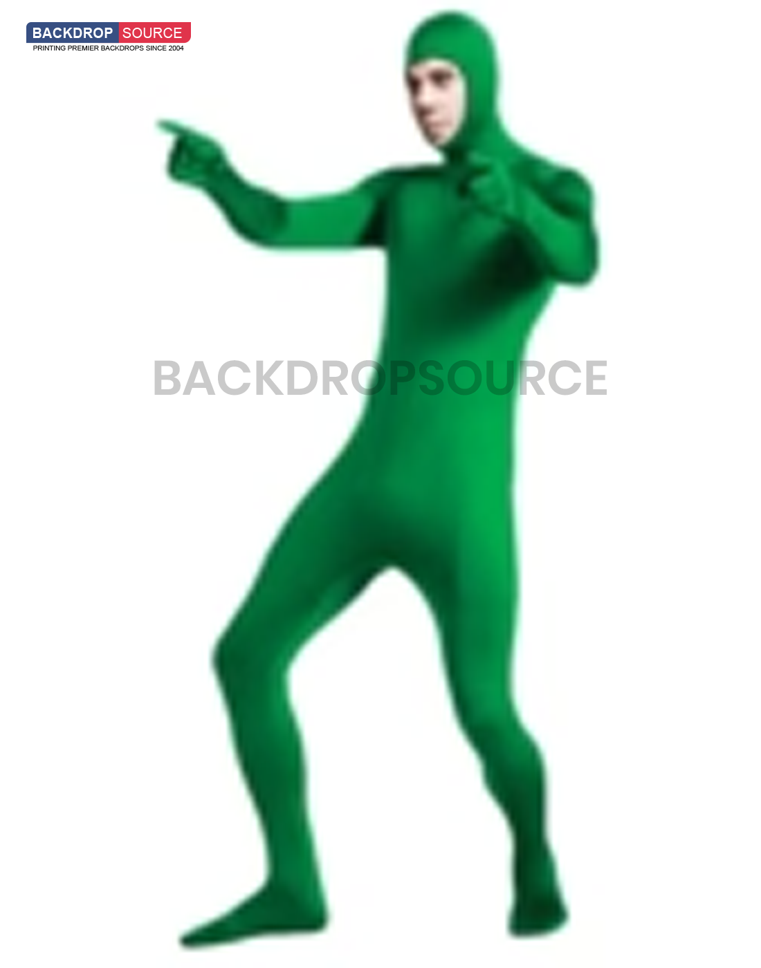 Person wearing a full body suit in chroma key green for video editing and visual effects applications