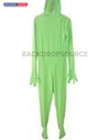Person wearing a full body suit in chroma key green for video editing and visual effects applications