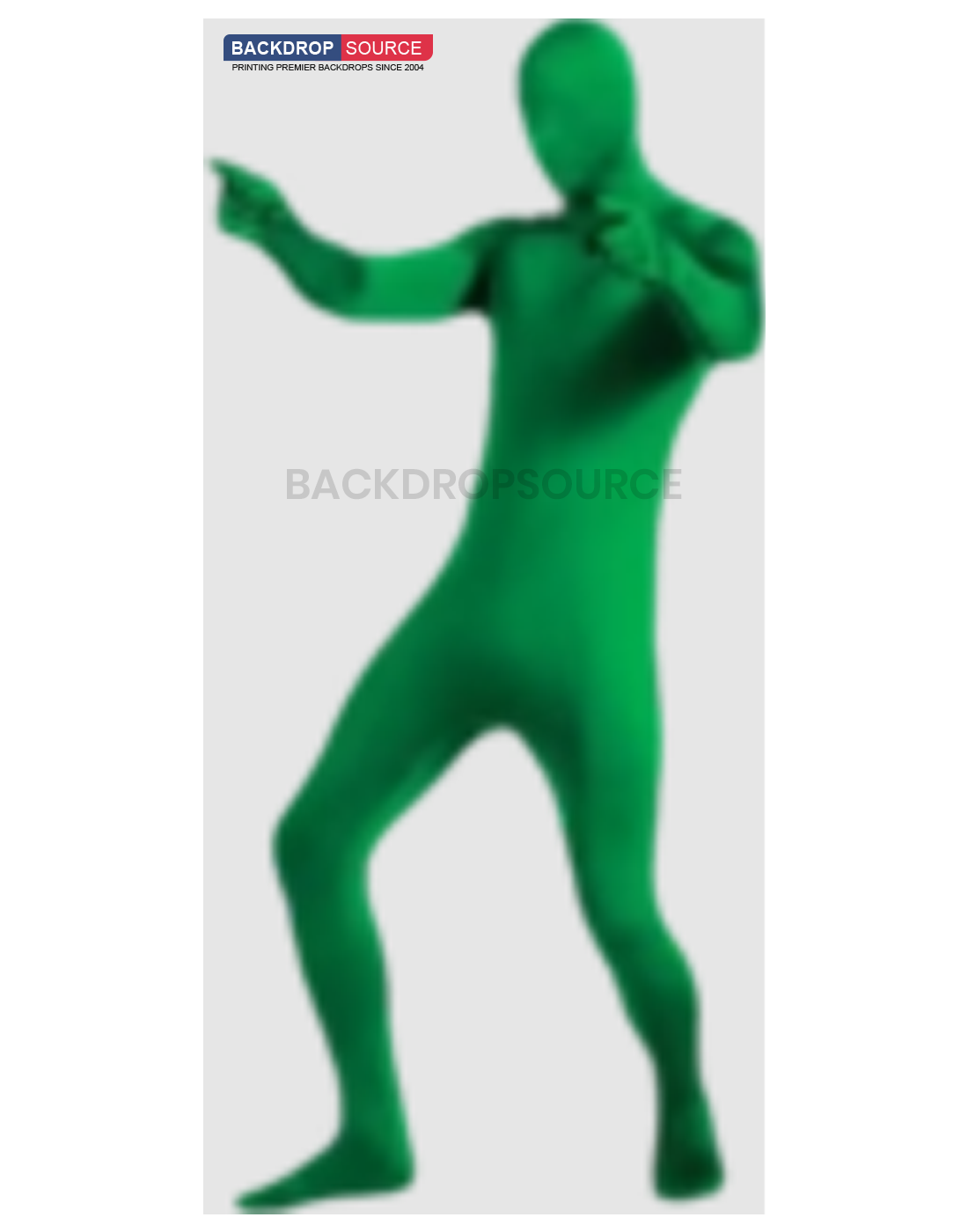 Person wearing a full body suit in chroma key green for video editing and visual effects applications