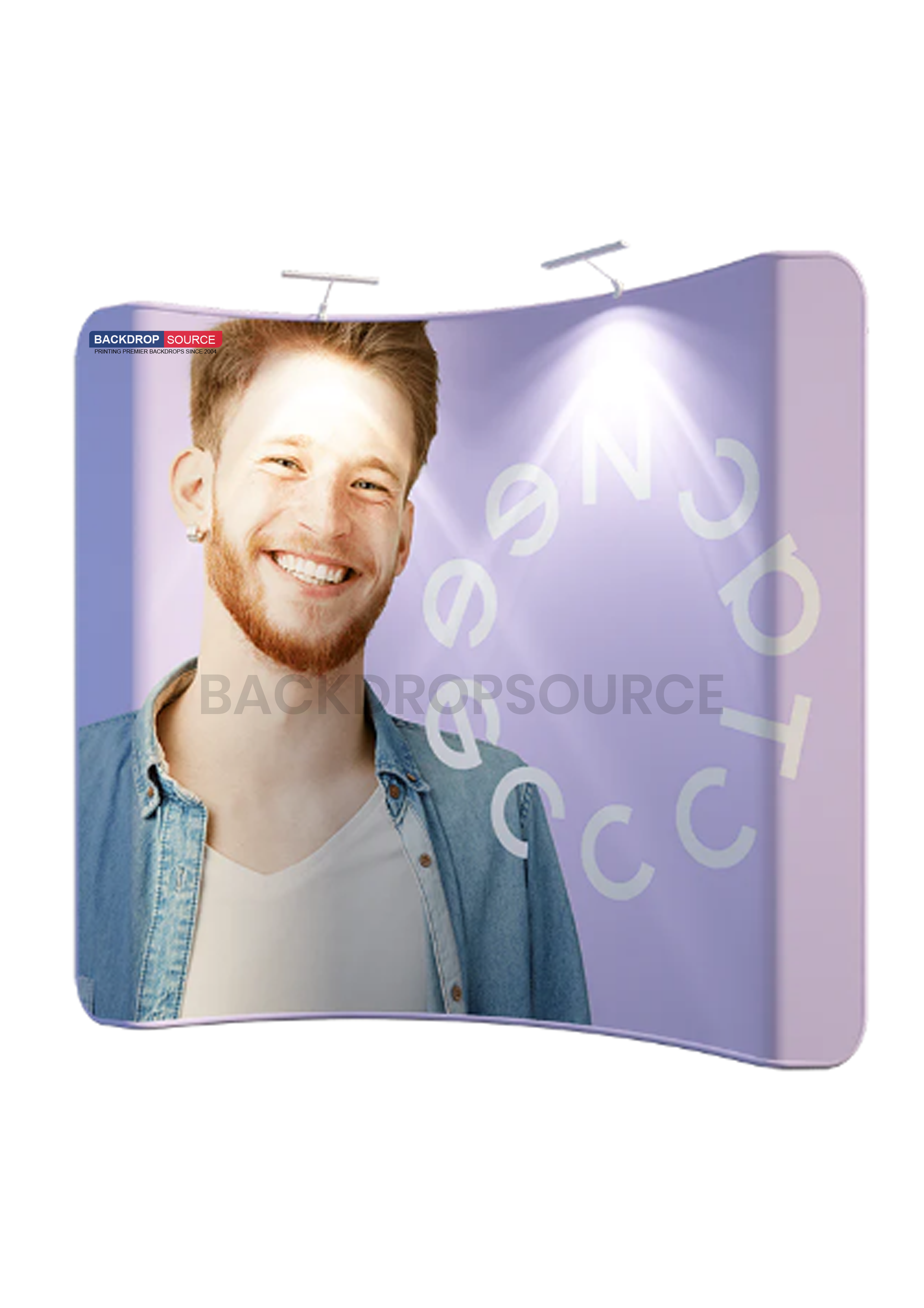 Curved tension fabric backdrop display for professional events and exhibitions, durable and easy to assemble.