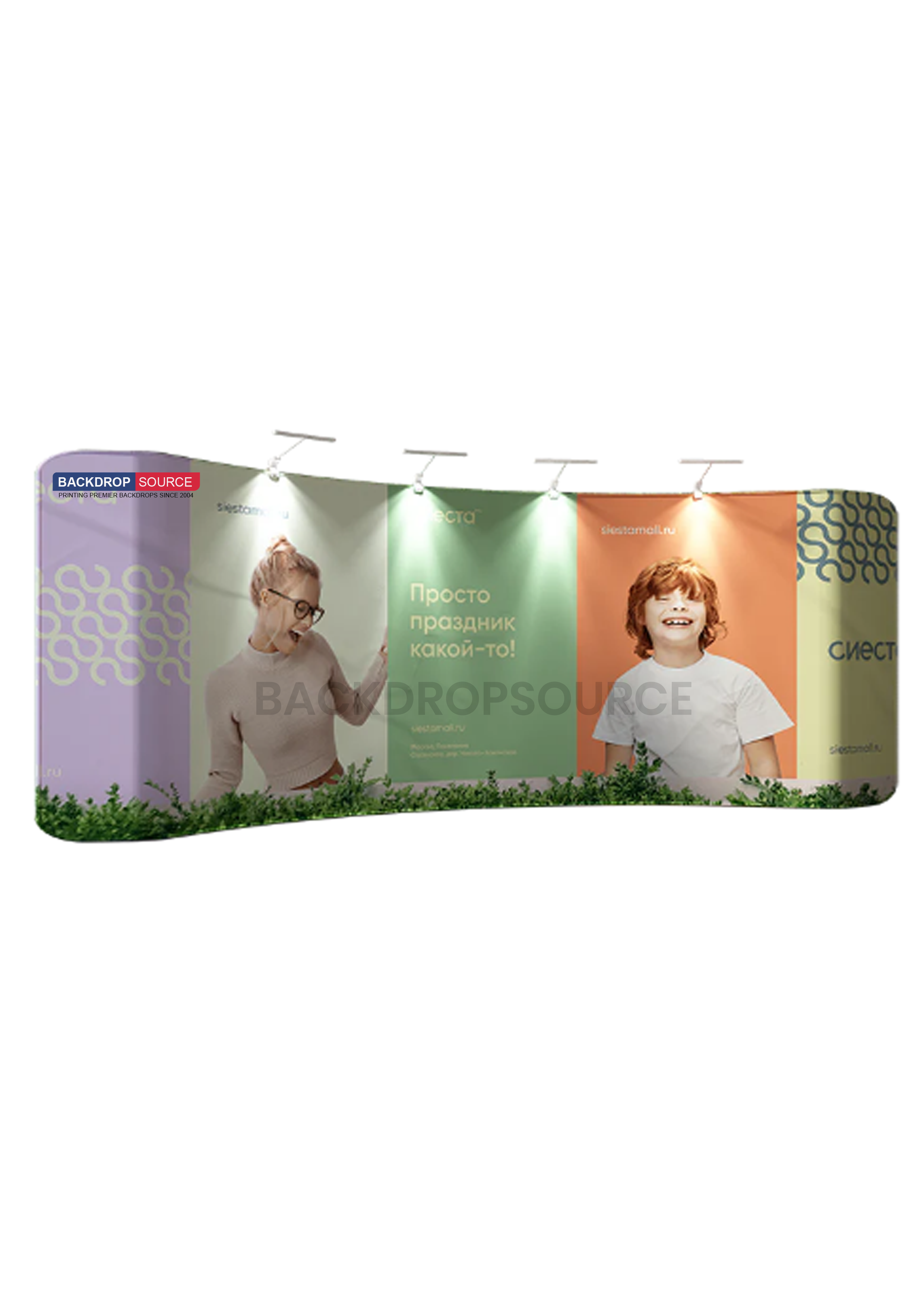 Curved tension fabric backdrop display for professional events and exhibitions, durable and easy to assemble.