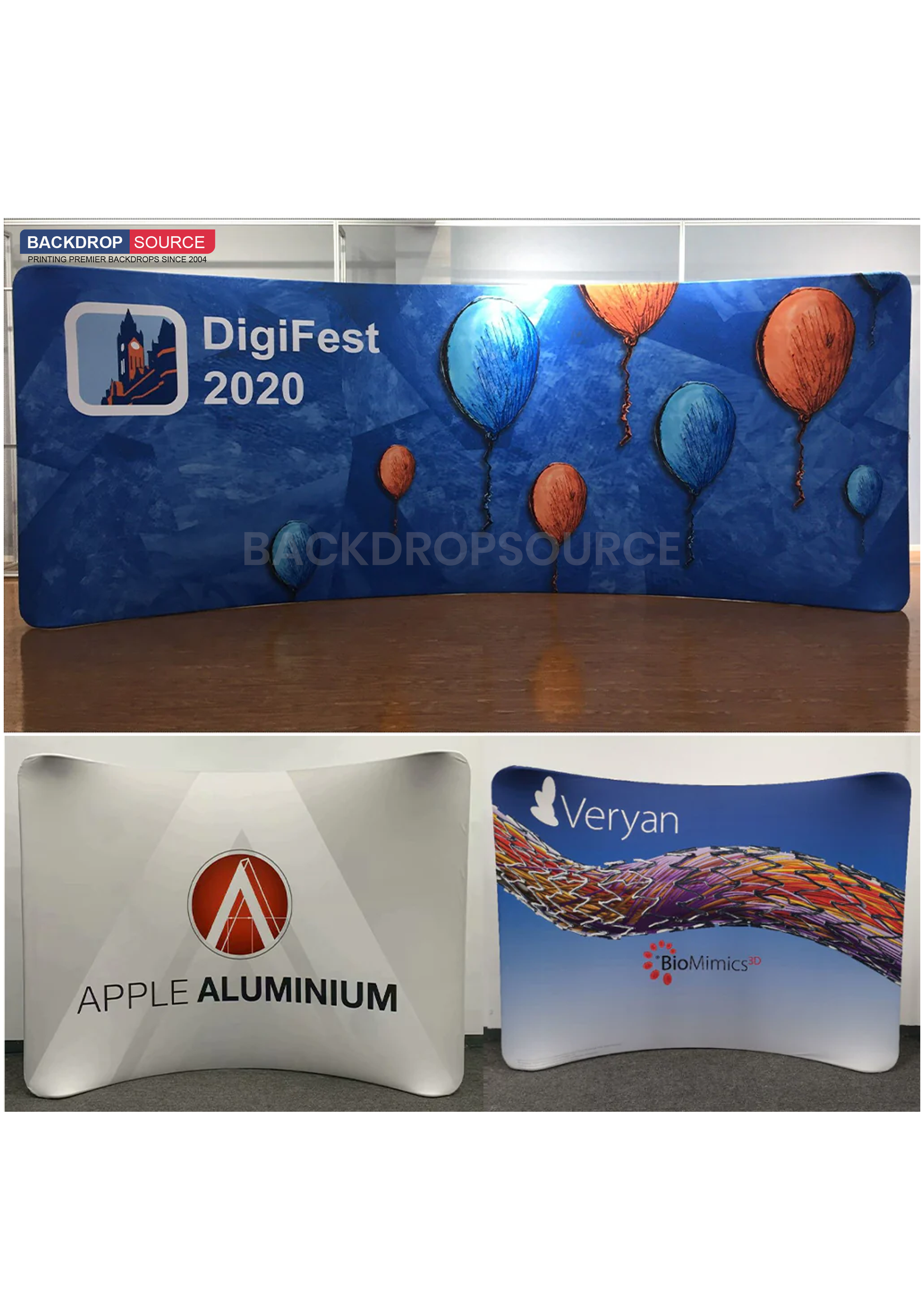 Curved tension fabric backdrop display for professional events and exhibitions, durable and easy to assemble.