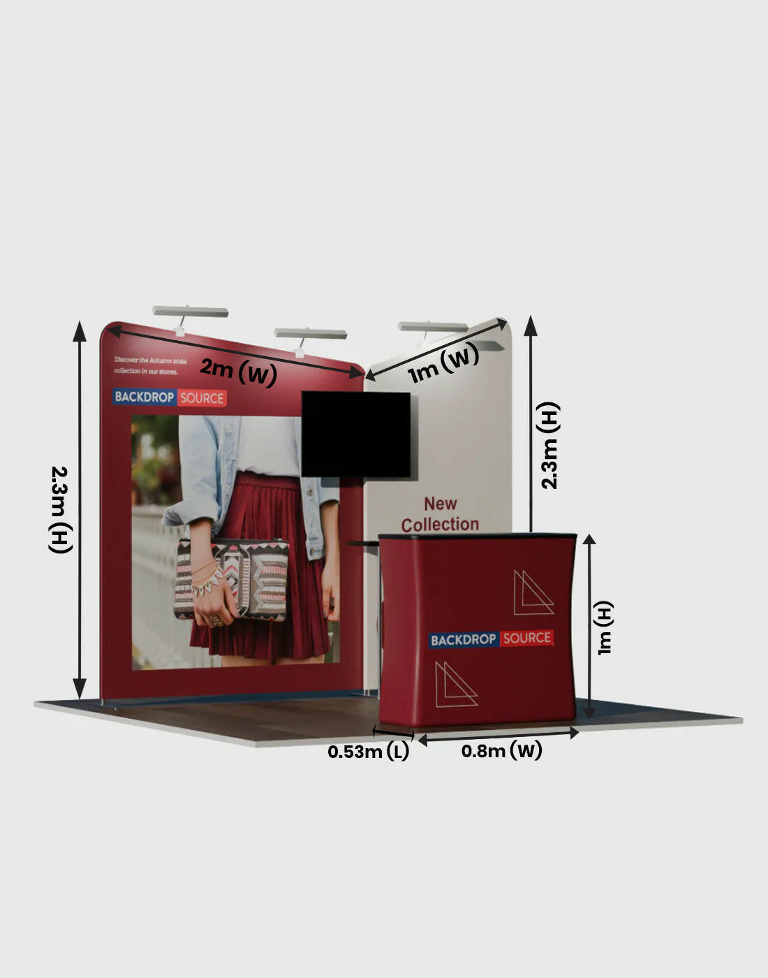 Inclined Exhibition Kit display with 3m wide booths, ideal for professional trade show and exhibition setups.
