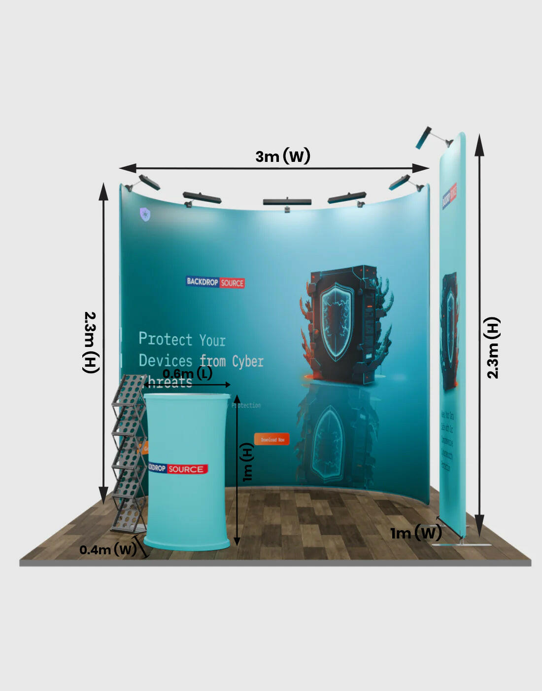 Modular U Shaped Exhibition Kit for 3m wide booths, ideal U shaped exhibition kit for trade shows and displays.