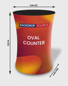 Oval fabric display counter for podium exhibitions, ideal for trade show presentations and event branding.