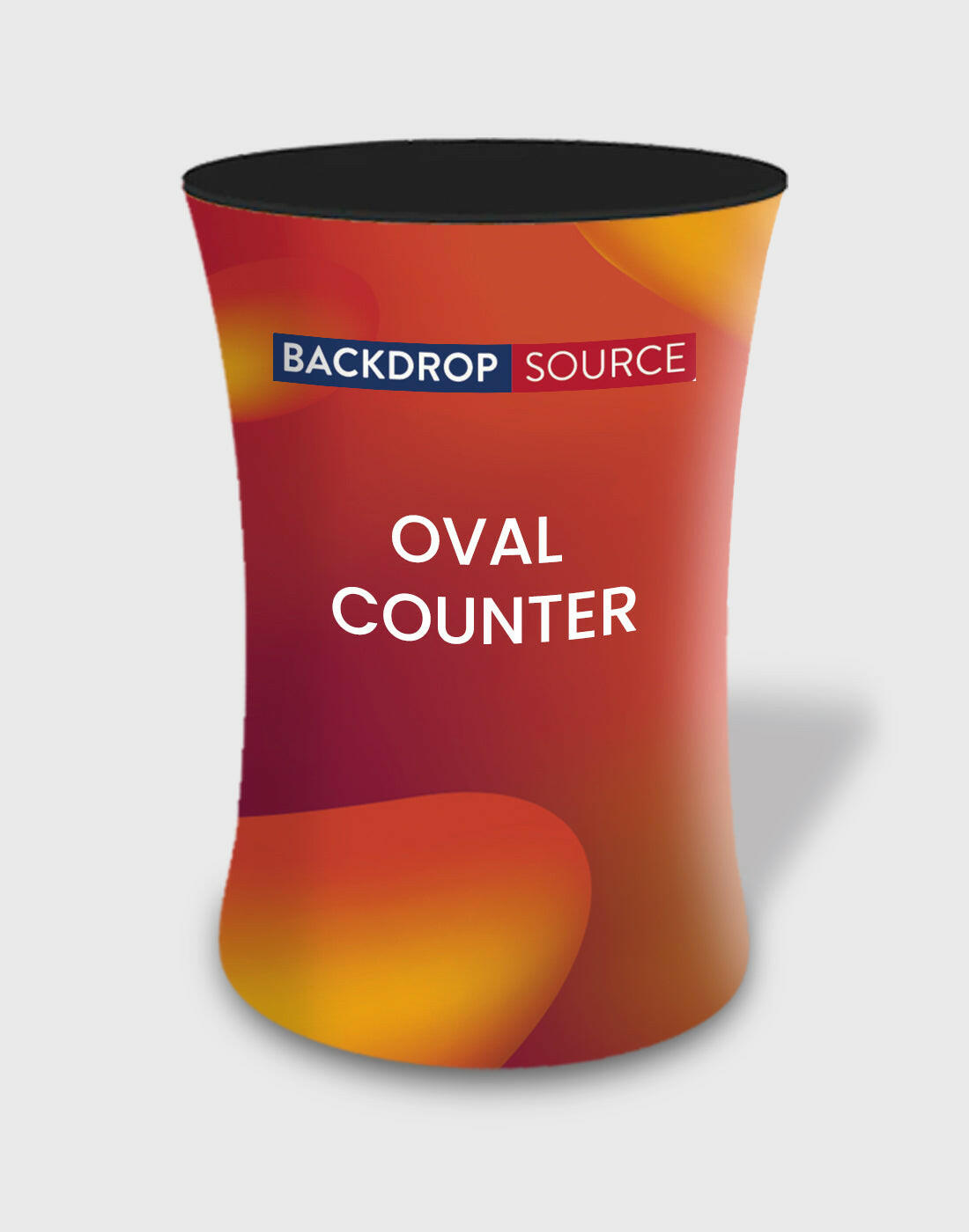 Oval fabric display counter for podium exhibitions, ideal for trade show presentations and event branding.