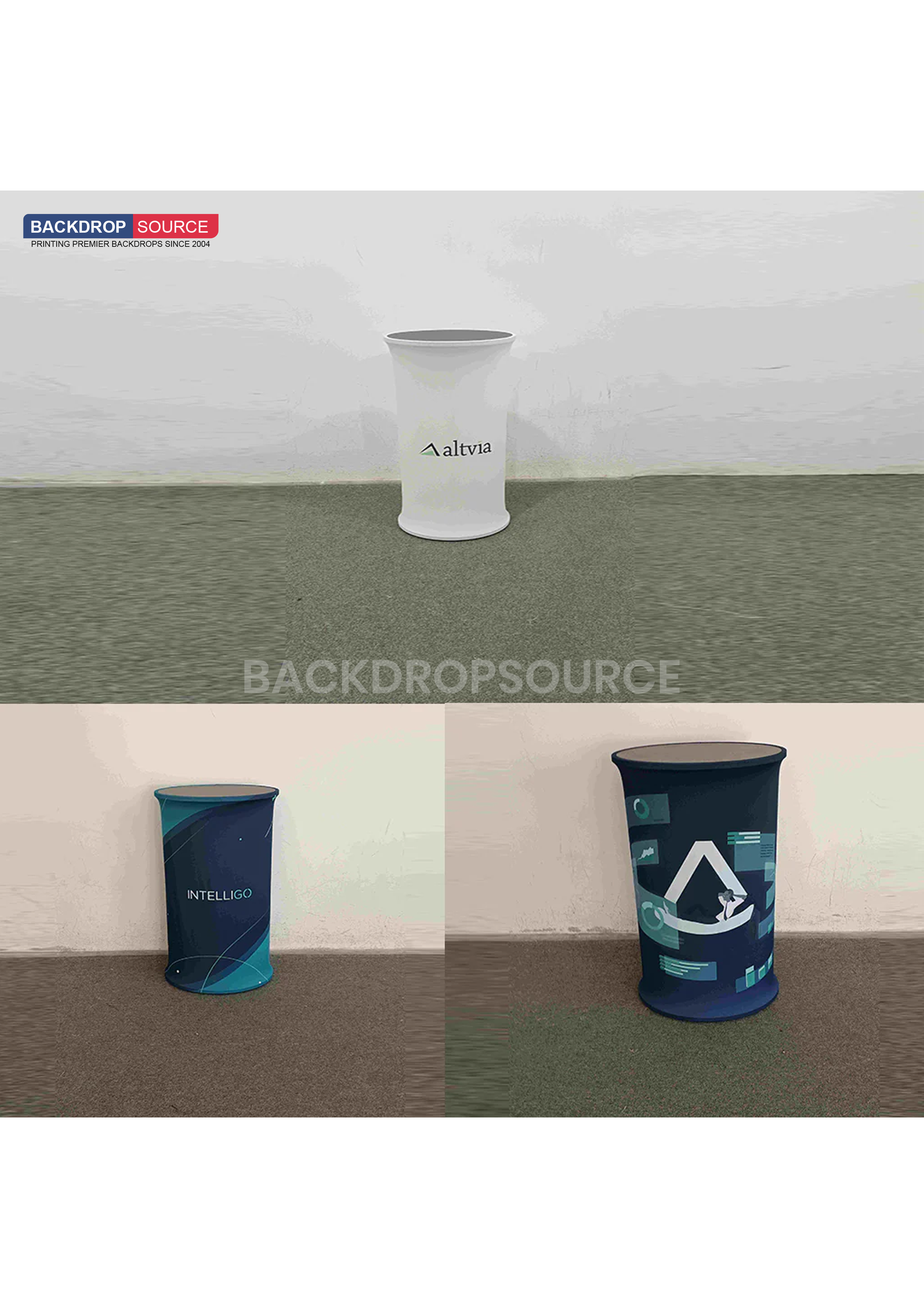 Oval fabric display counter for podium exhibitions, ideal for trade show presentations and event branding.