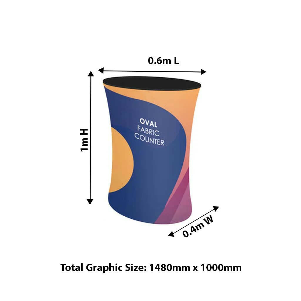 Oval fabric display counter for podium exhibitions, ideal for trade show presentations and event branding.