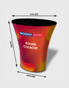 Round fabric display counter used as a podium for exhibitions, offering professional and stylish presentation.