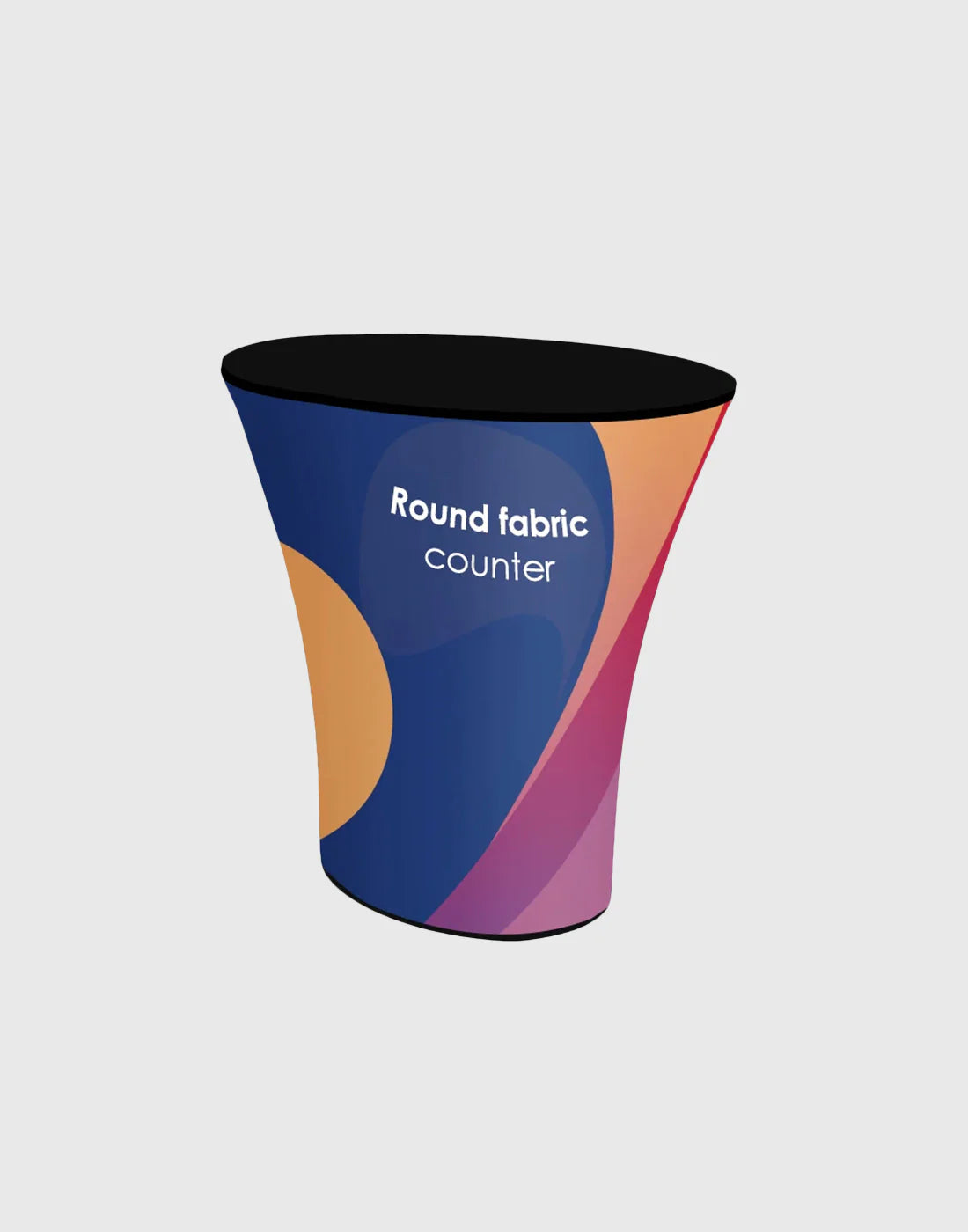 Round fabric display counter used as a podium for exhibitions, offering professional and stylish presentation.