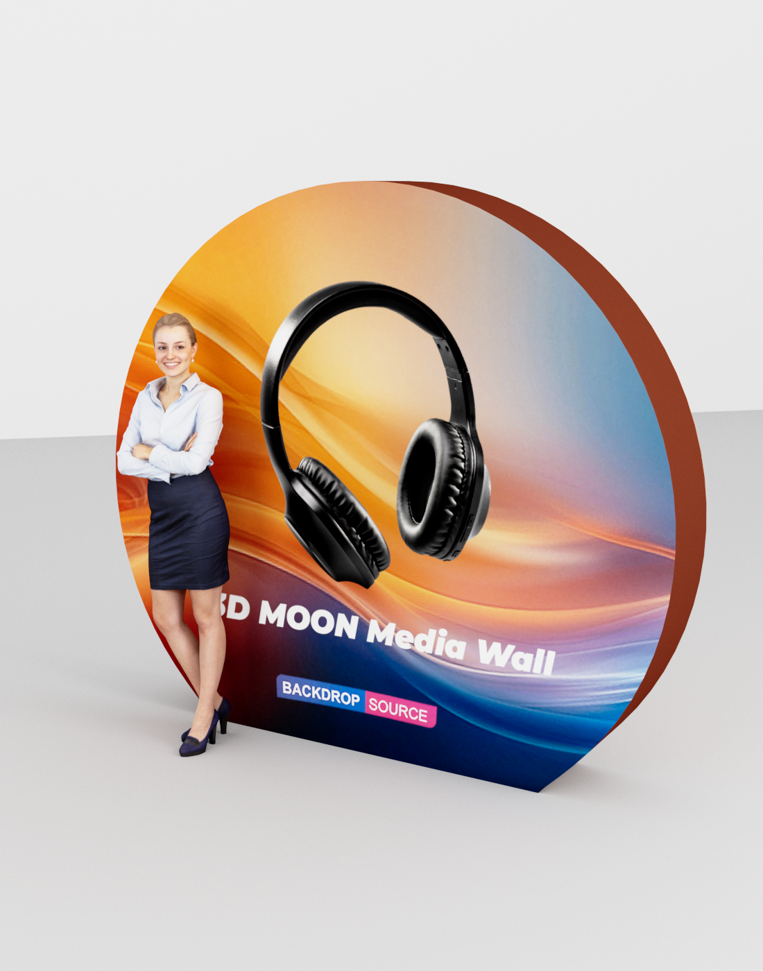 3D MOON Tension Fabric Media Wall display for events, featuring innovative 3D structure and durable, vibrant tension fabric.