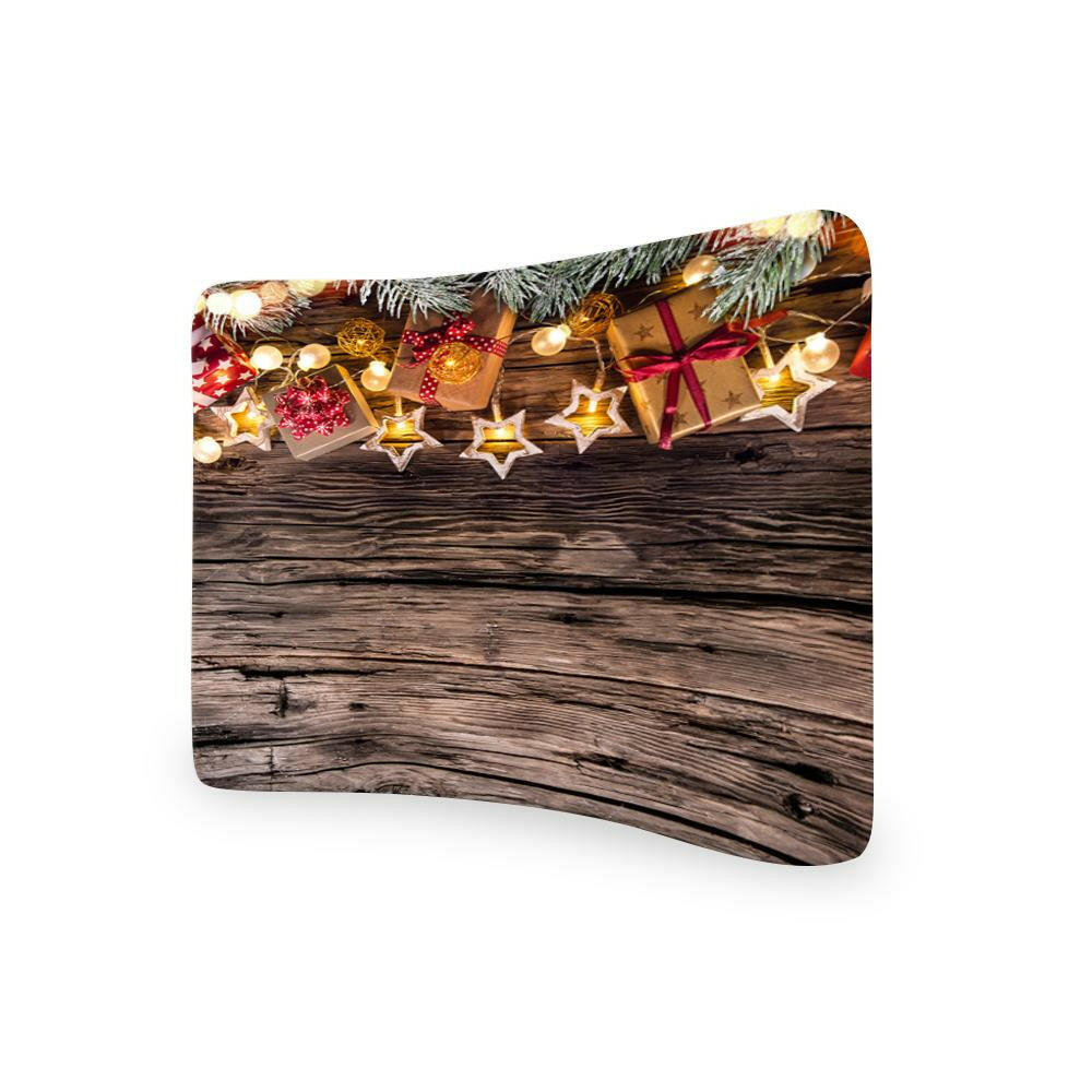 Christmas Decoration On Wooden CURVED TENSION FABRIC MEDIA WALL.