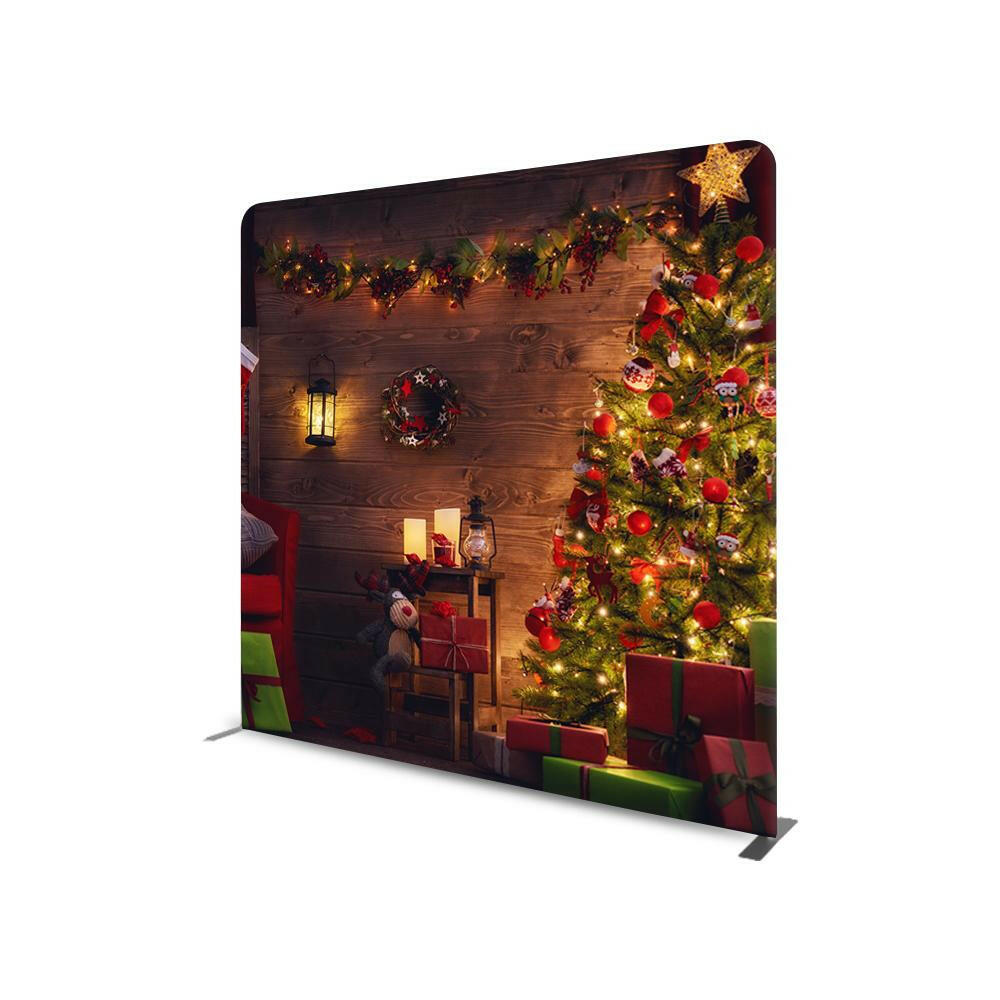 CHRISTMAS TREE WITH WOODEN BACKGROUND STRAIGHT TENSION FABRIC MEDIA WALL.