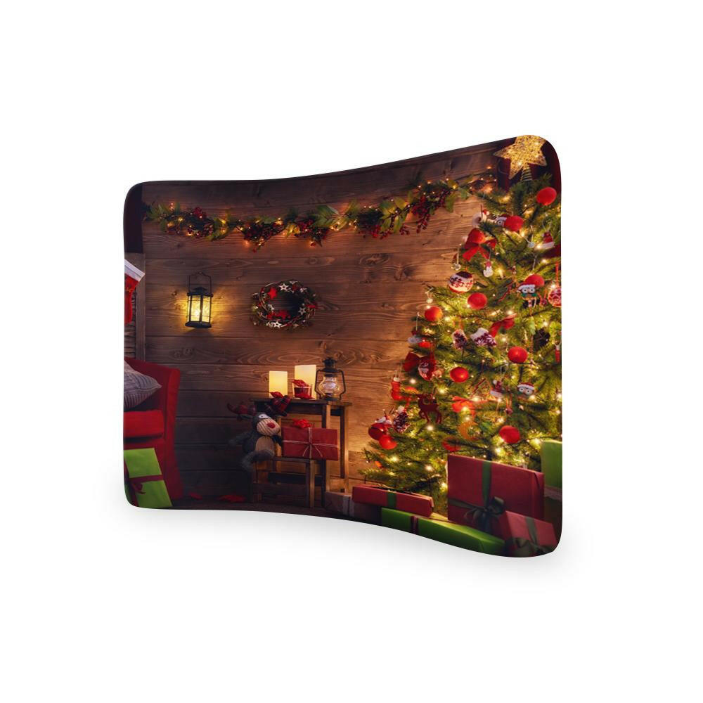 Beautiful Living Room Decorated for Christmas CURVED TENSION FABRIC MEDIA WALL.