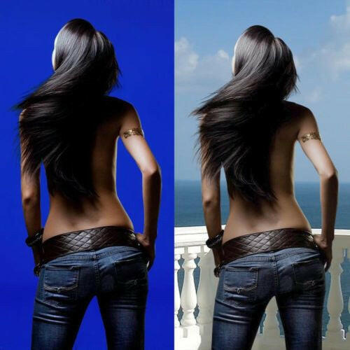 Professional studio setup featuring advanced chroma key technology with a seamless blue screen backdrop for video production.