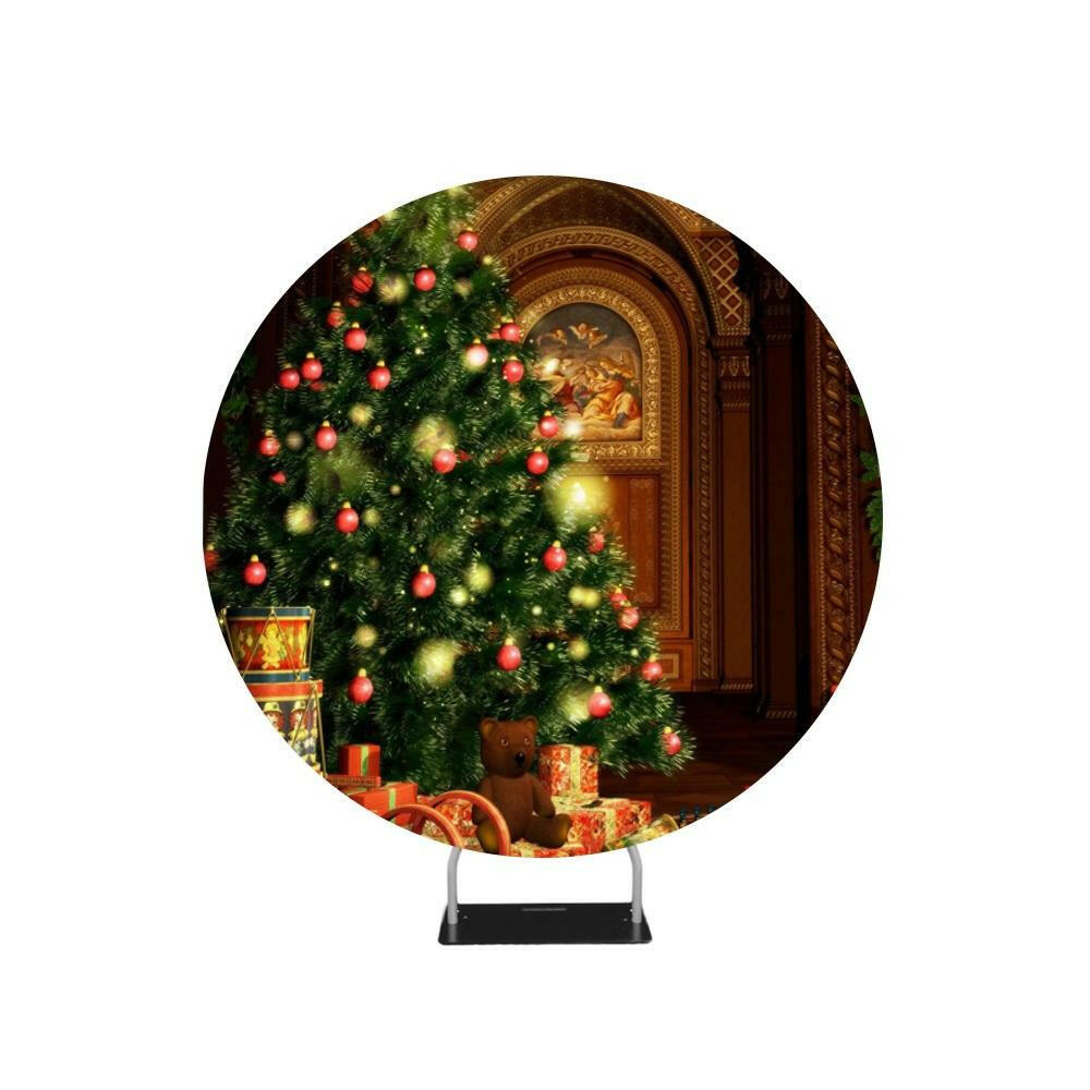 Bright Gold Christmas Balls on Fir Tree with String Lights – Circle Backdrop.
