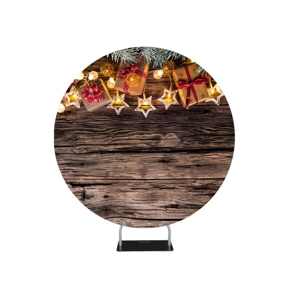 Christmas Wooden Background with Decorations and Gift Boxes Circle backdrop stand.