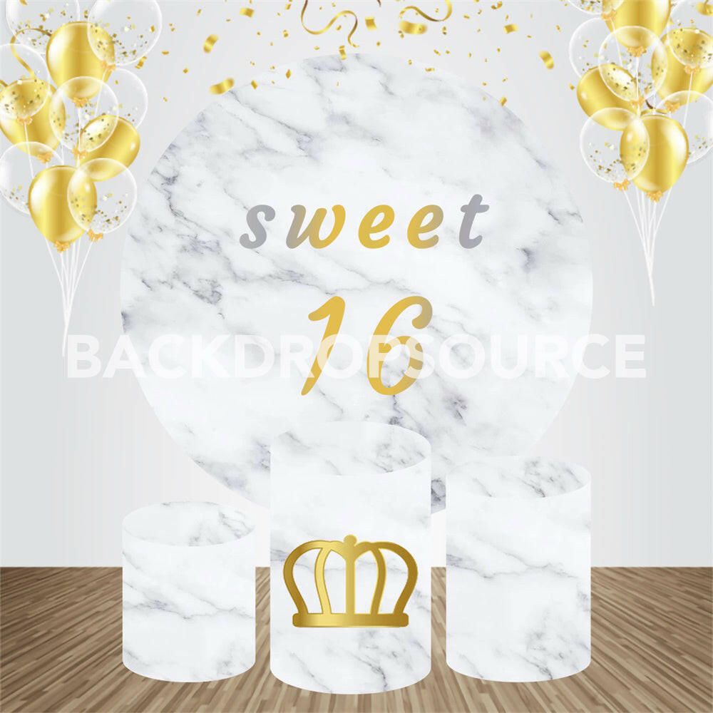 White Themed Sweet Sixteen Event Party Round Backdrop Kit.