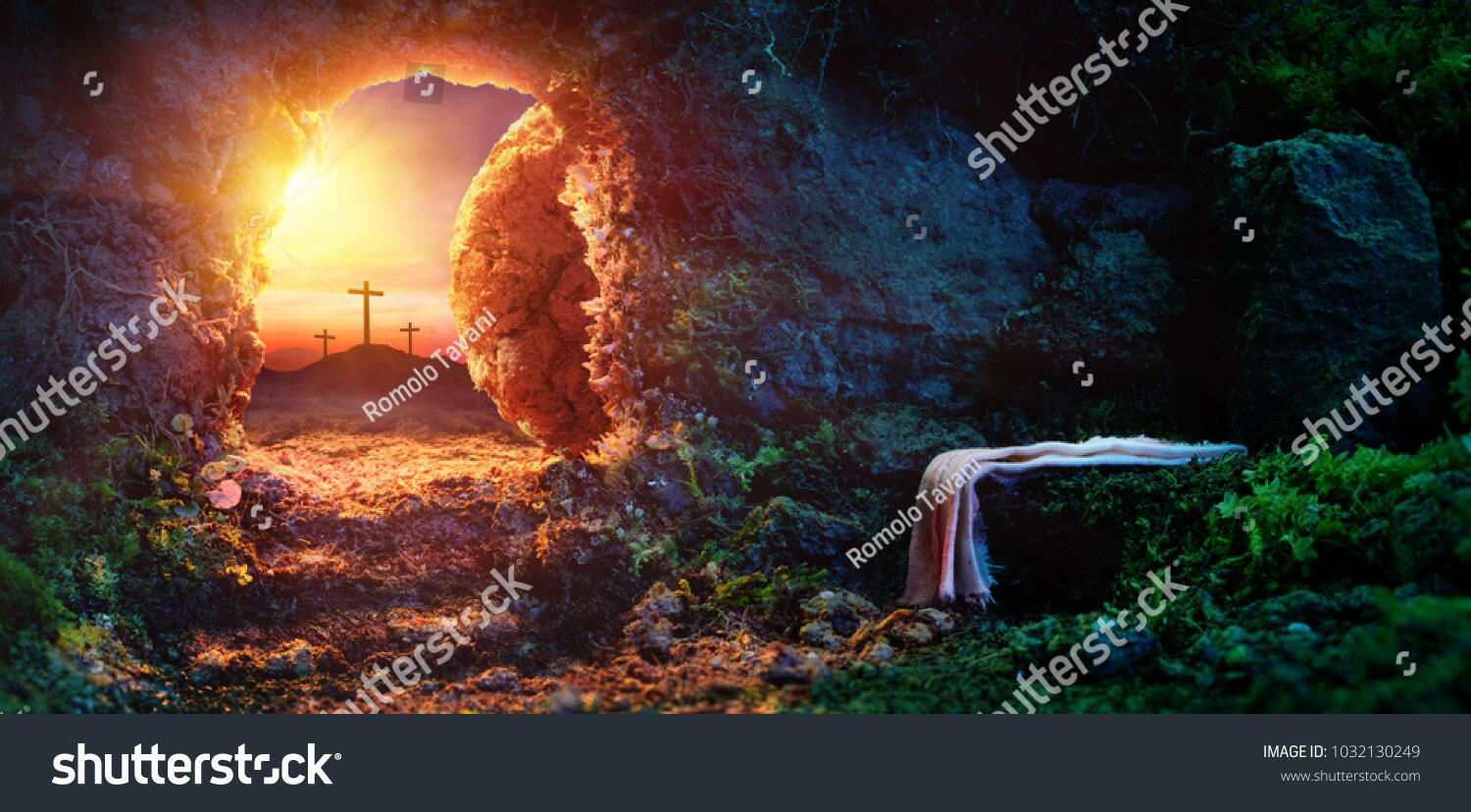 Crucifixion Sunrise on Empty Tomp Background.
