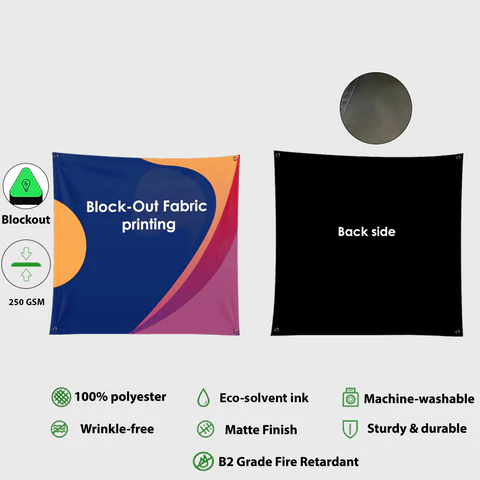 Wrinkle-free blockout fabric backdrop printing for professional displays, high-quality event backdrops, and photo shoots.