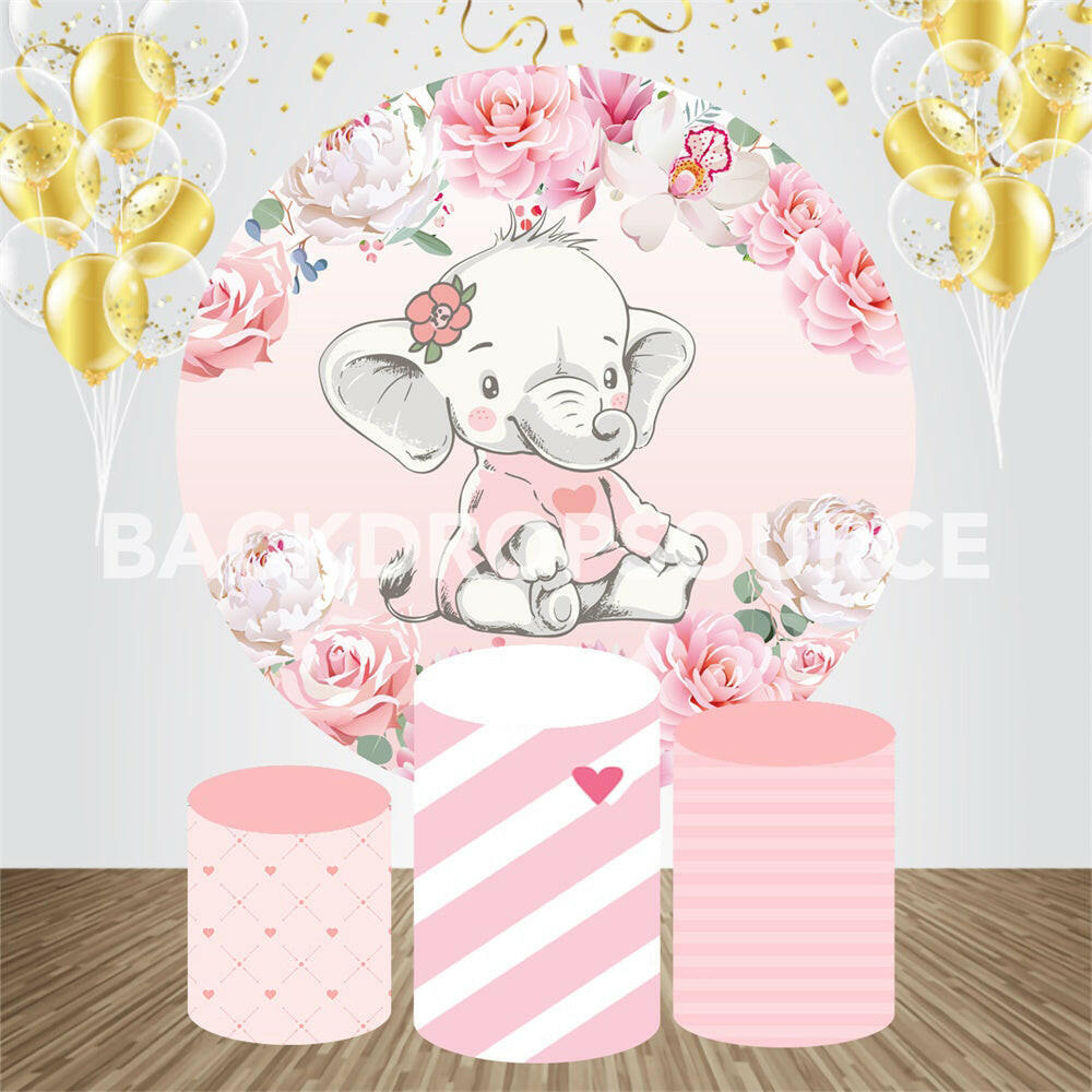 Pink Themed Baby Elephant Event Party Round Backdrop Kit.
