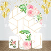 White Background with Pink Roses Event Party Round Backdrop Kit.