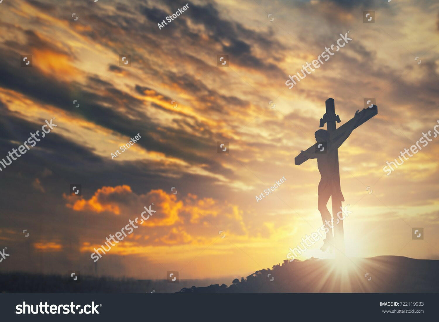 Jesus Christ Crusifix Cross Over Sunset Background.
