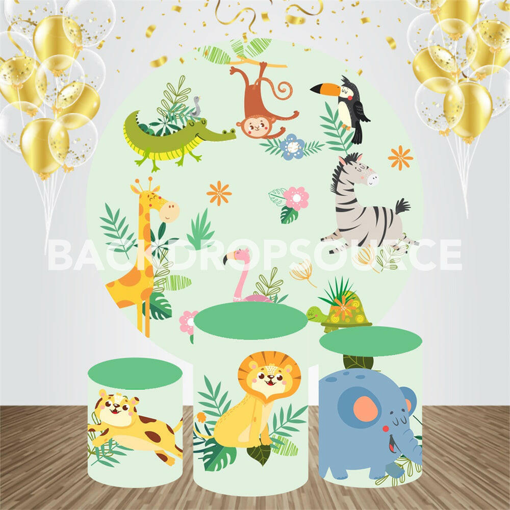 Cartoon Animals Themed Birthday Event Party Round Backdrop Kit.