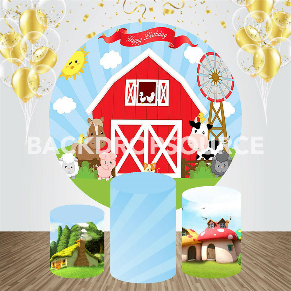 Cartoon Farm With Animals Themed Birthday Event Party Round Backdrop Kit.