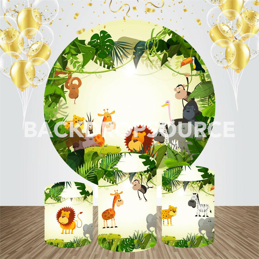 Cartoon Jungle And Animals Themed Birthday Event Party Round Backdrop Kit.