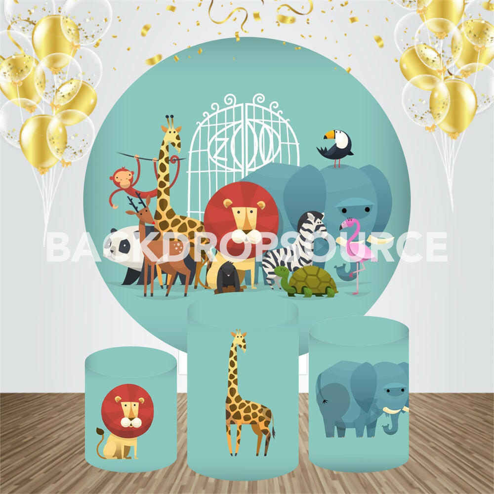 Cartoon Zoo And Animal Themed Birthday Event Party Round Backdrop Kit.
