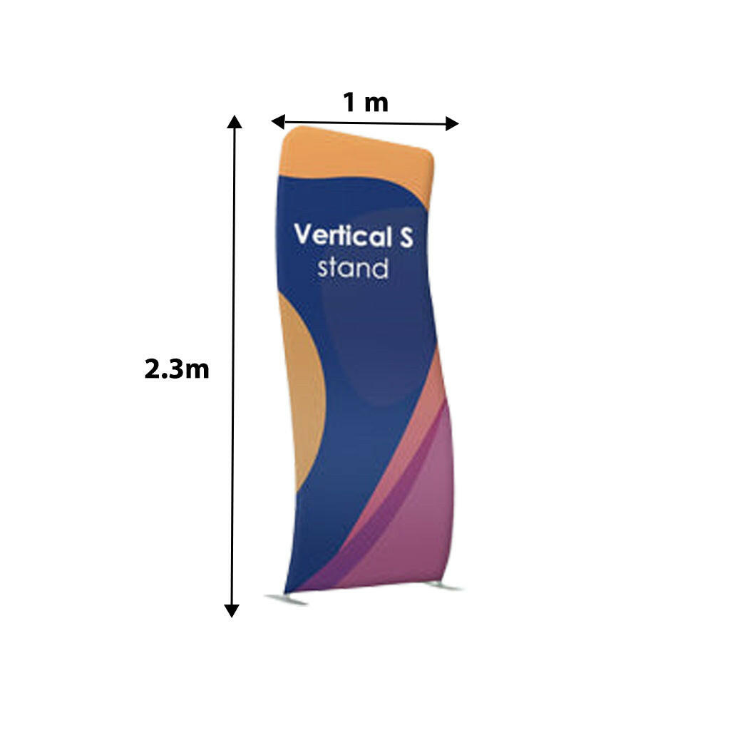 Vertical S Shape Tension Fabric Display Stands, ideal for exhibitions and trade shows, showcasing brand messages clearly.