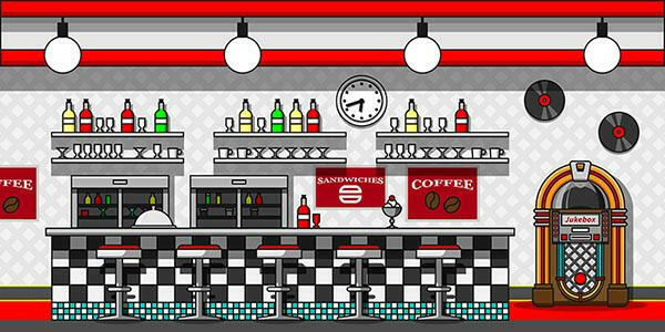 Retro Cafe Interior Flat Line Illustration Backdrop.