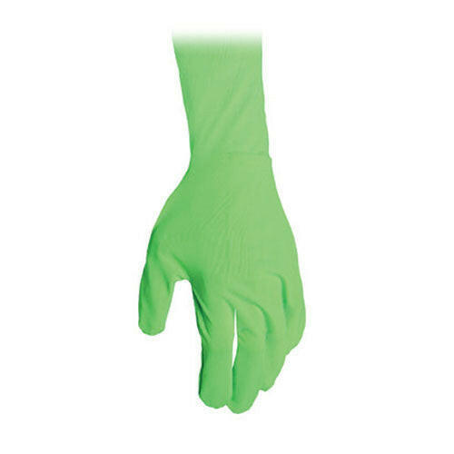 Person demonstrating chroma key technique using green gloves for seamless background removal in video production.