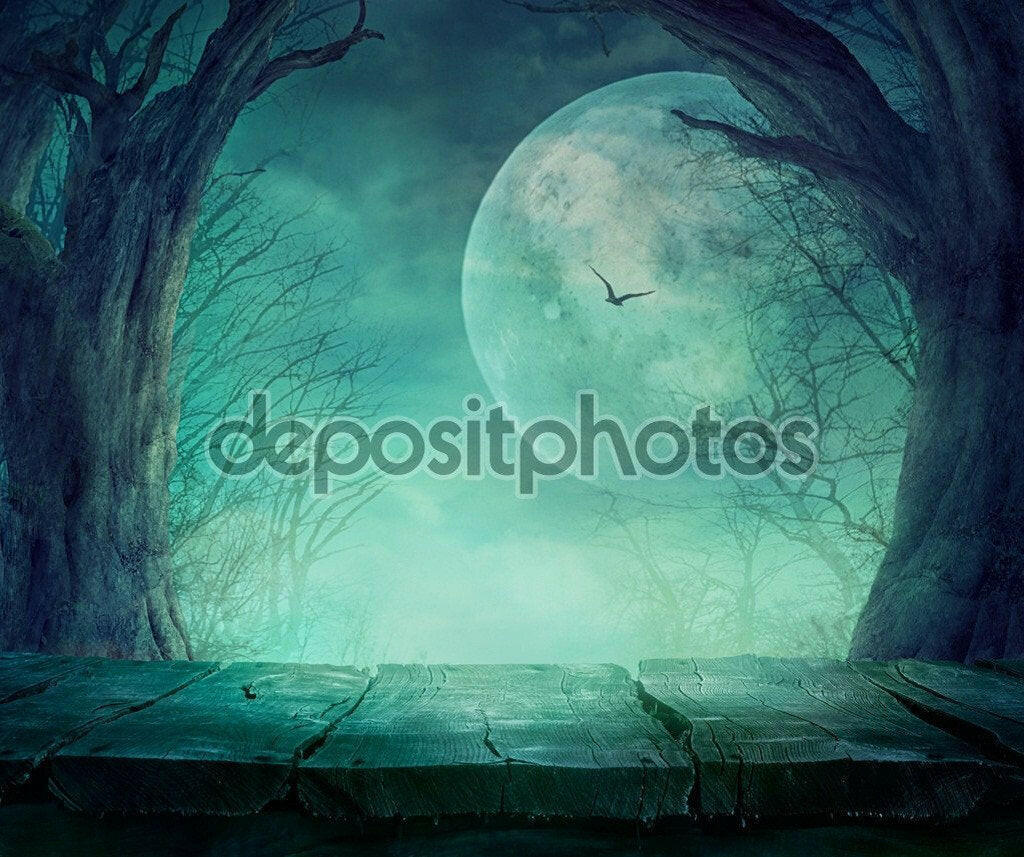 Dark Moon Spooky Tree Halloween  Backdrop.