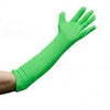 Person demonstrating chroma key technique using green gloves for seamless background removal in video production.