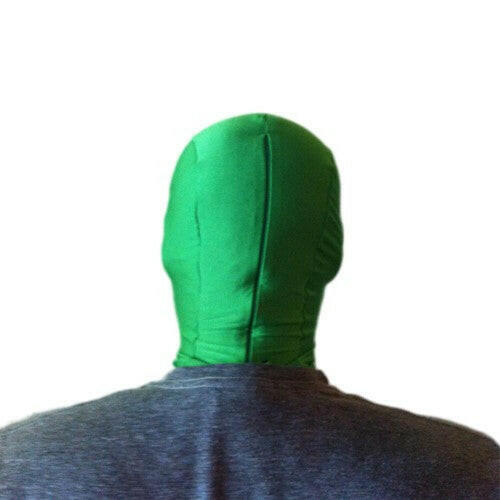 Person using a green hood for chroma key video production, demonstrating optimal background removal technique.