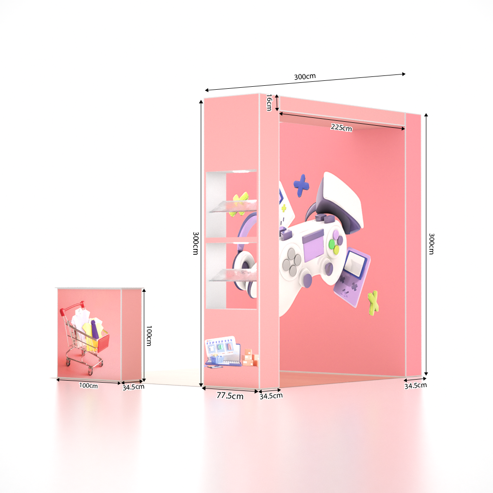 3x3m SEG Popup Booth with L-Arch Wall, 2 Showcases & Counter