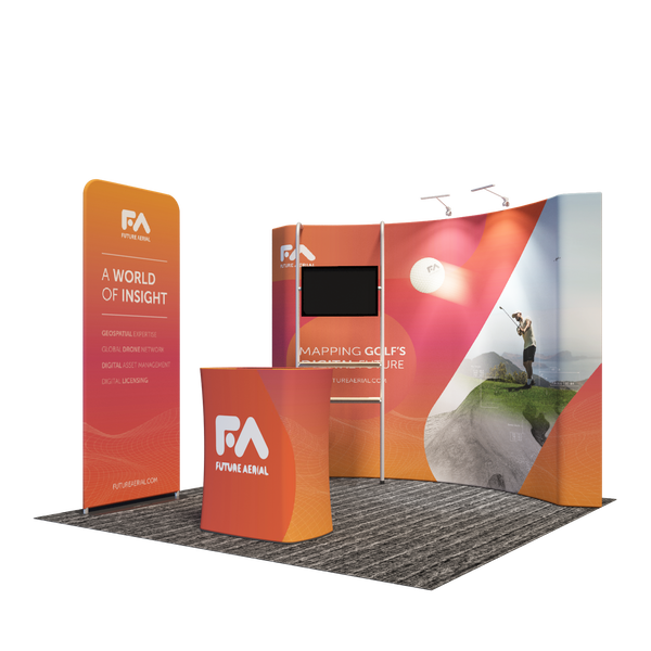 3x3m Booth Kit with Curved Wall, TV Shelf Tower & Banner