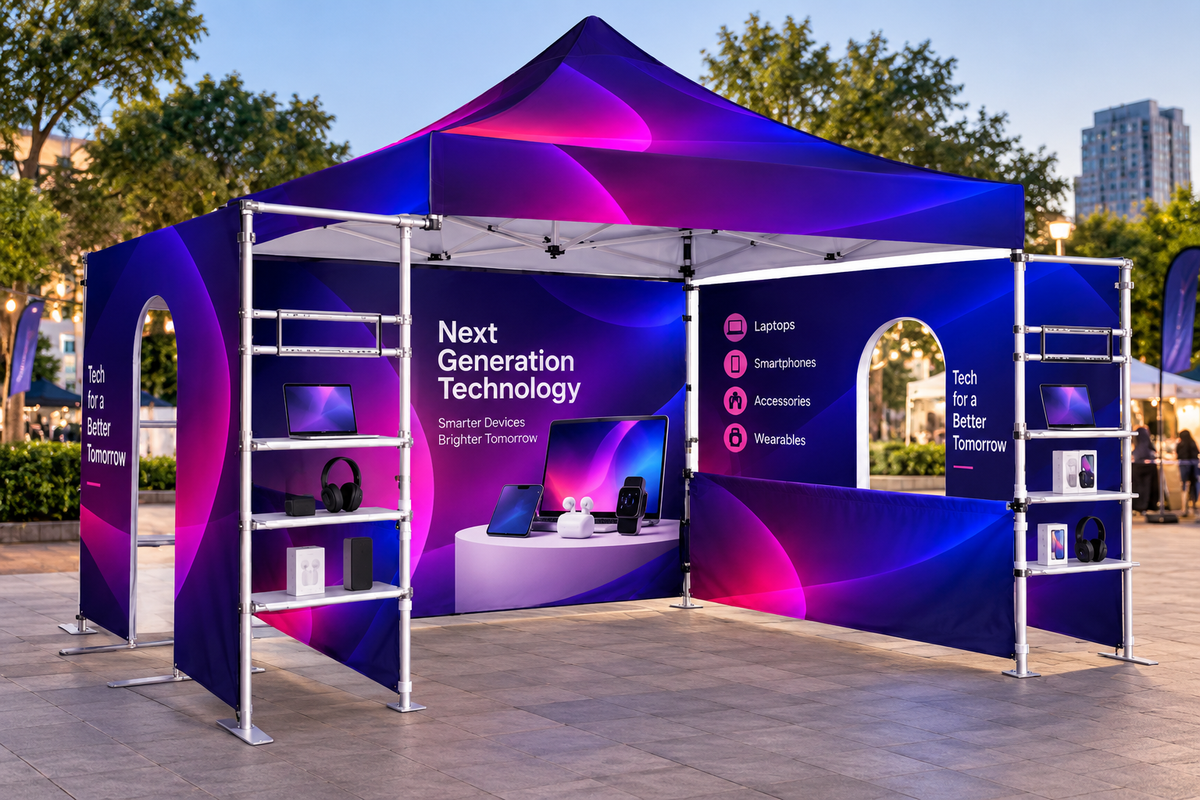 10ft x 10ft Fabric Canopy Kit A6 with Dual Arch Doorways & Quad Display Shelving