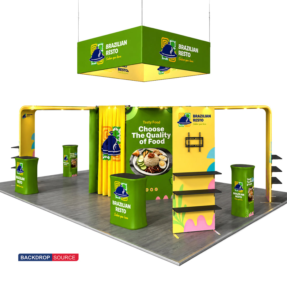 9x6m Island Booth Kit with Hexagon Lounge Shelving & 4 Counters