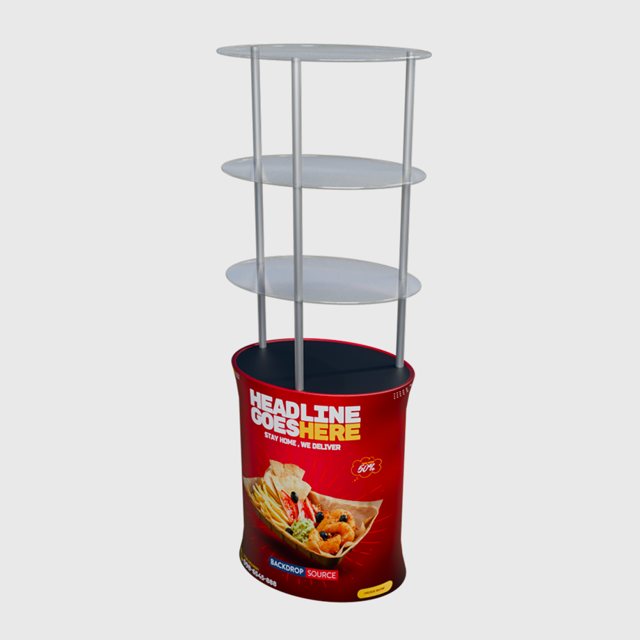 Oval Counter Display with Triple Shelves.
