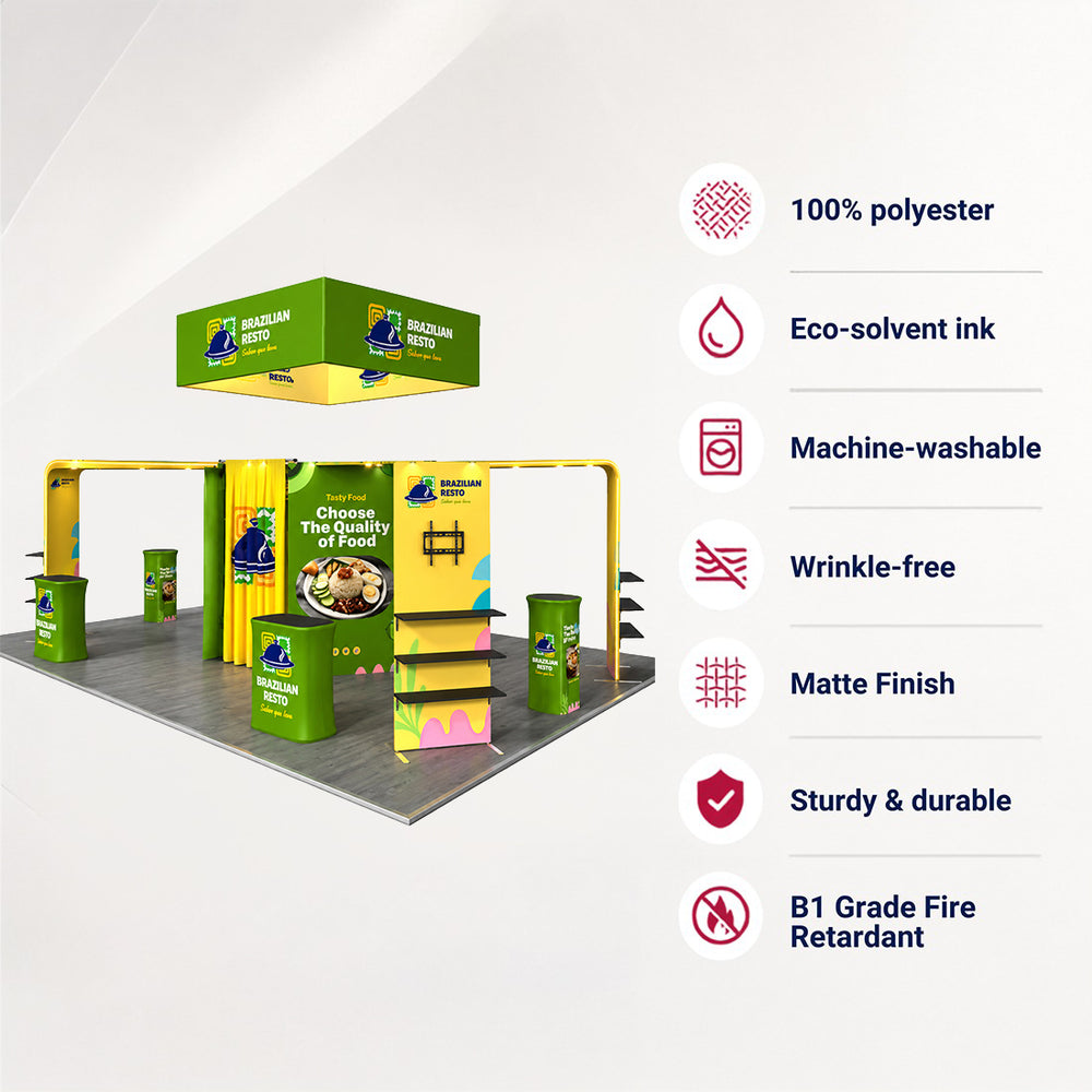 9x6m Island Booth Kit with Hexagon Lounge Shelving & 4 Counters