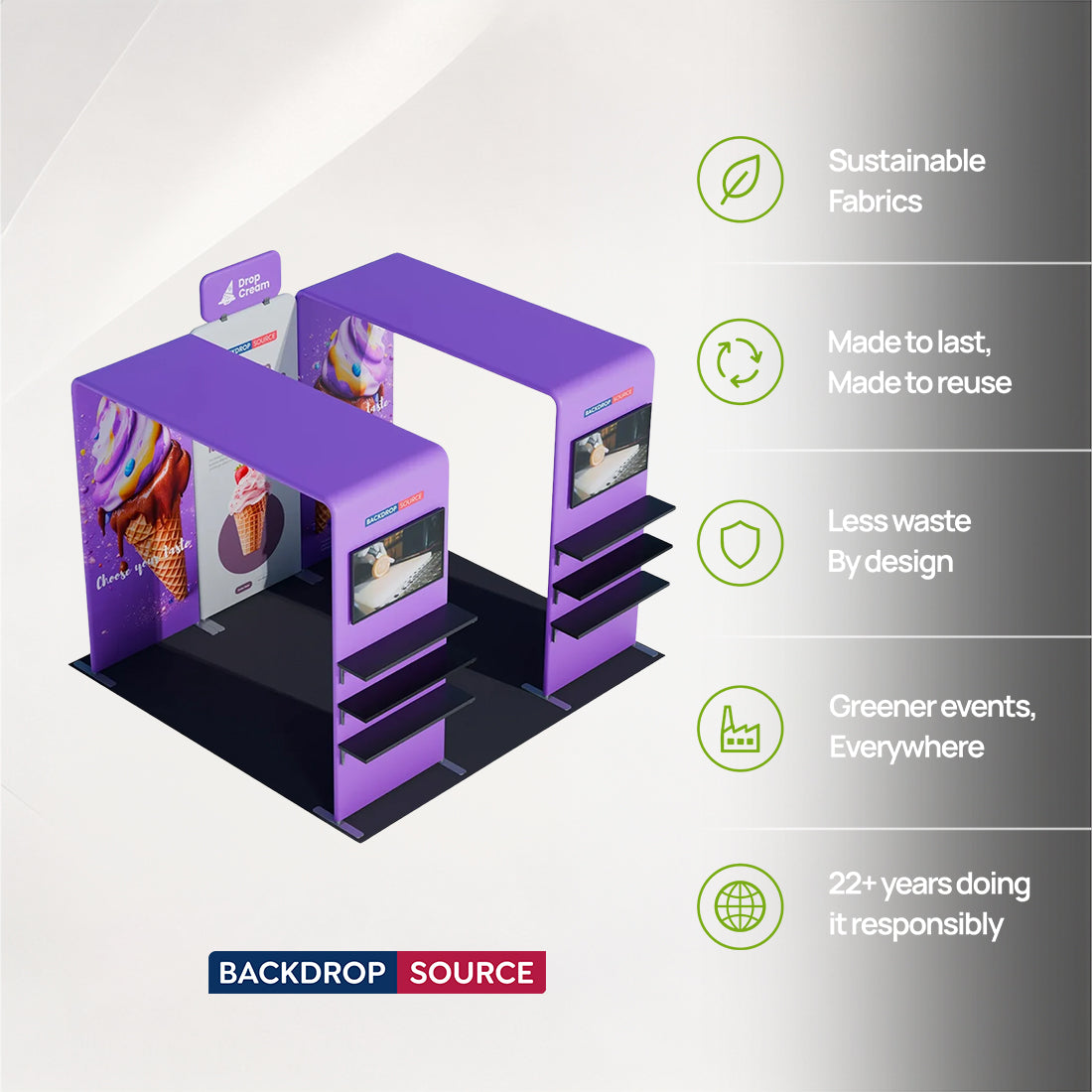 3x3m Booth Kit with Twin Square Arches, Shelving & TV Mount