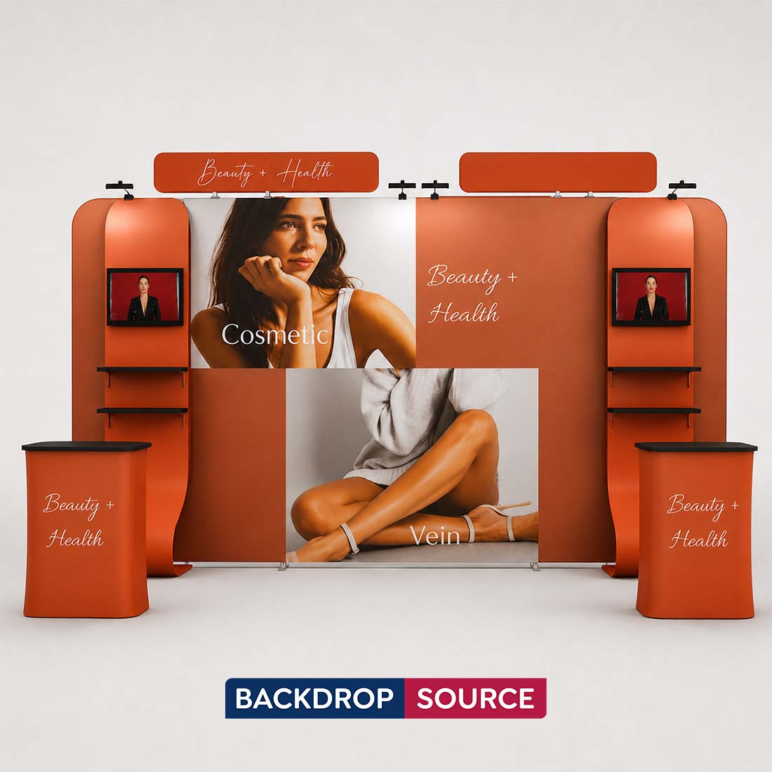 3x6m Booth Kit with 6m Backwall, Waterfall TV Shelves & Counters