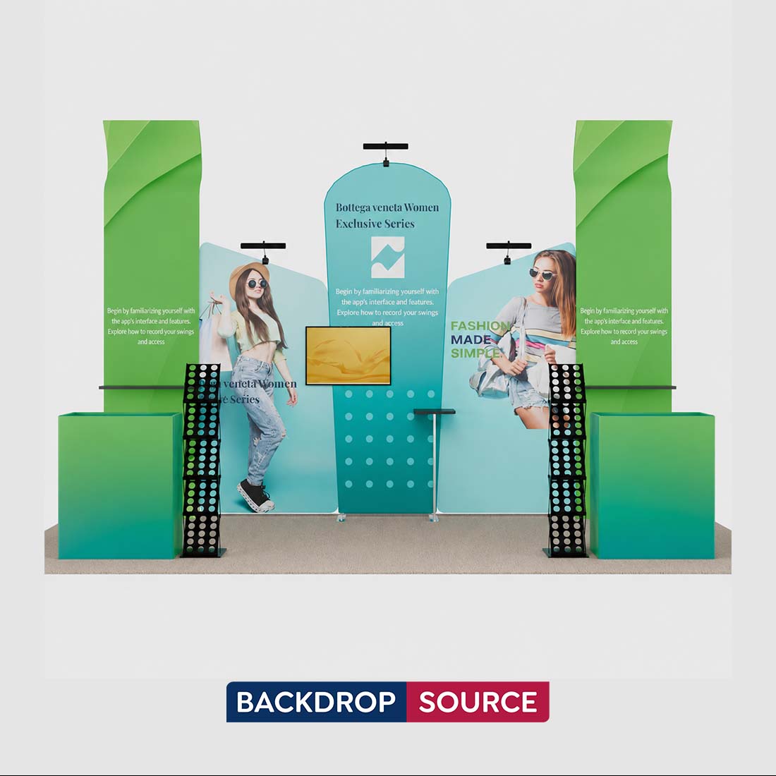 3x6m Booth Kit with Inclined Walls, 3D Shelf Stands & 2 Counters