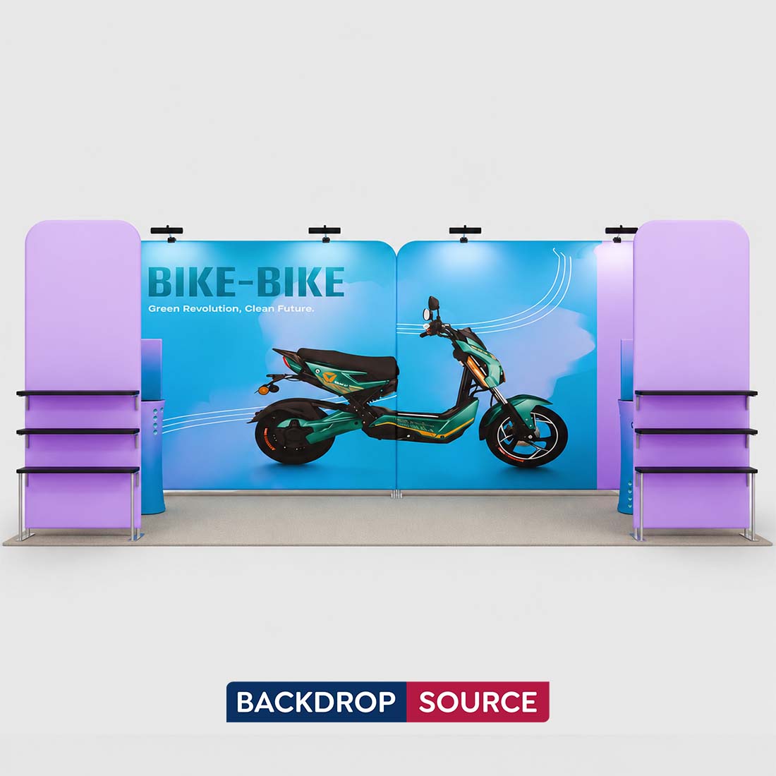 3x6m Booth Kit with Tension Walls, Shelving & 2 Counters