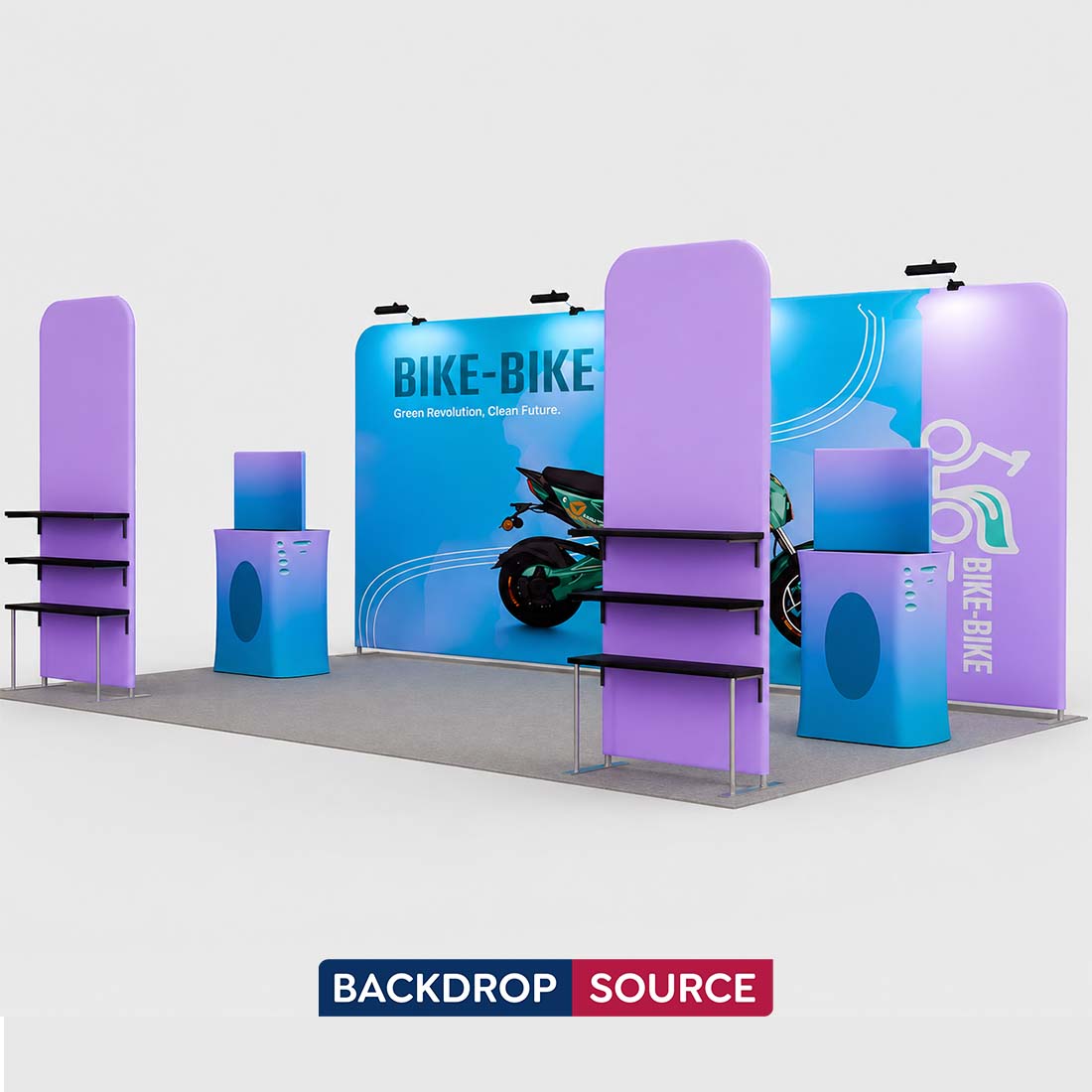 3x6m Booth Kit with Tension Walls, Shelving & 2 Counters
