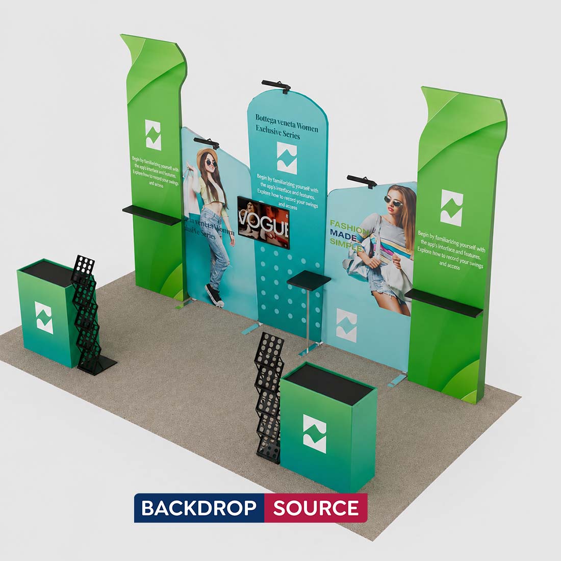 3x6m Booth Kit with Inclined Walls, 3D Shelf Stands & 2 Counters